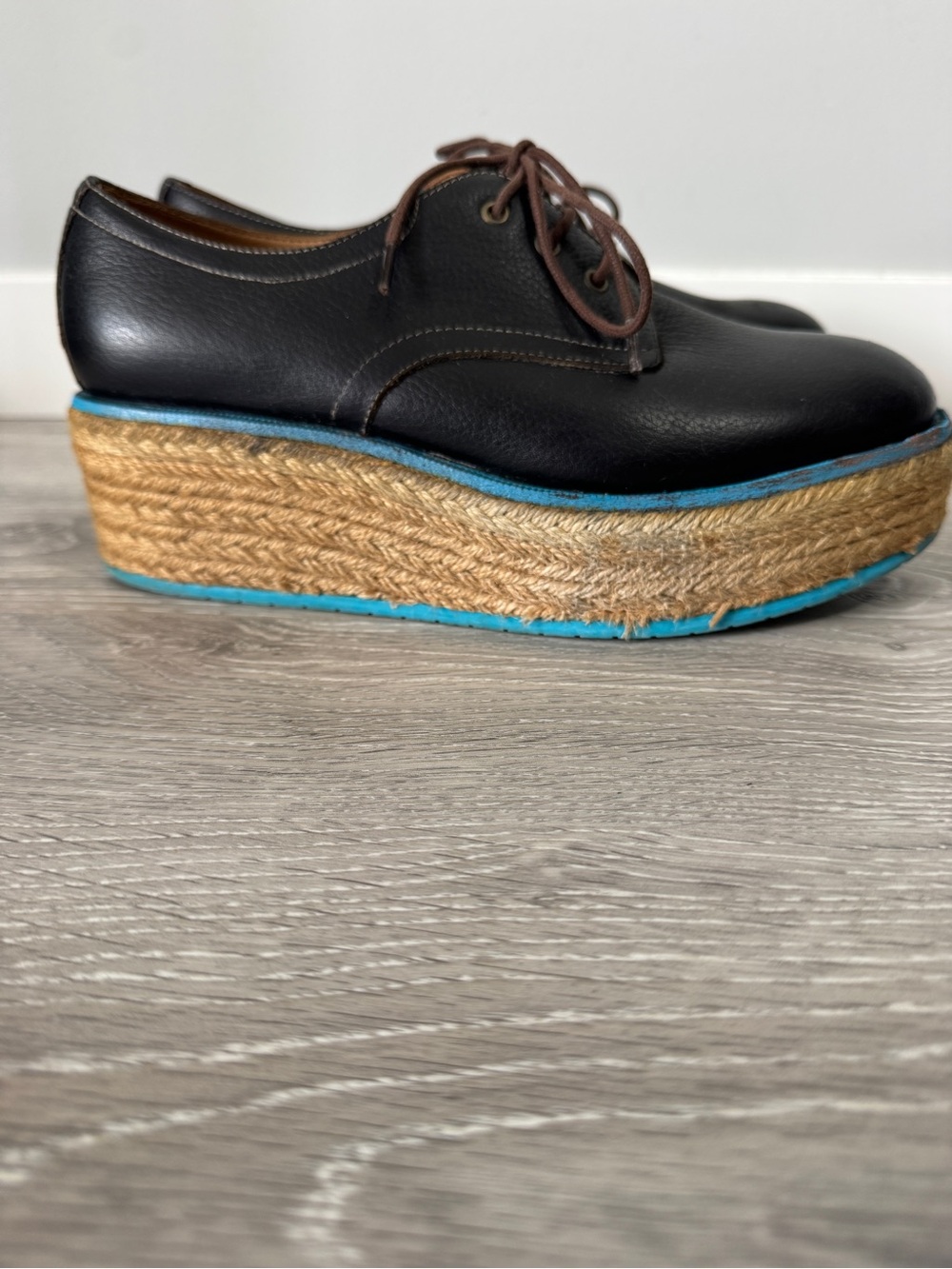 John Fluevog Espadrille Martin Platform Oxfords Black Leather Sz 6 Rare - Picture 8 of 11